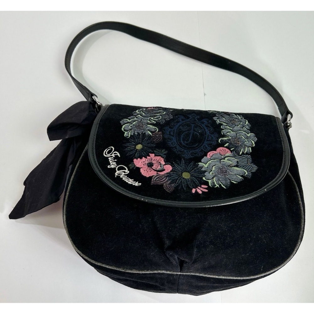 Juicy Couture Y2K Black Floral Velour Shoulder Purse - Picture 7 of 13